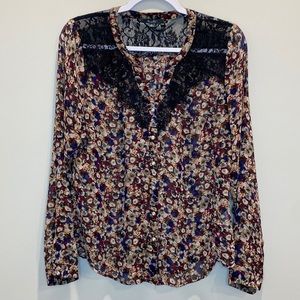 Miss Me Floral Long Sleeve Sheer Button Down Top Lace Embellished Size Medium